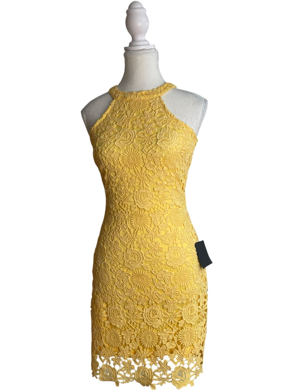 Lulu’s Love Poem Lace Sheath Mini Dress Yellow